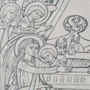 La scène de la Nativité, un dessin pour l'enluminure du Moyen Age.