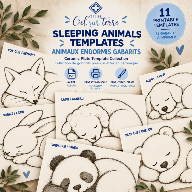 Animaux endormis – Collection de 11 gabarits pour assiettes en céramique | PDF à télécharger