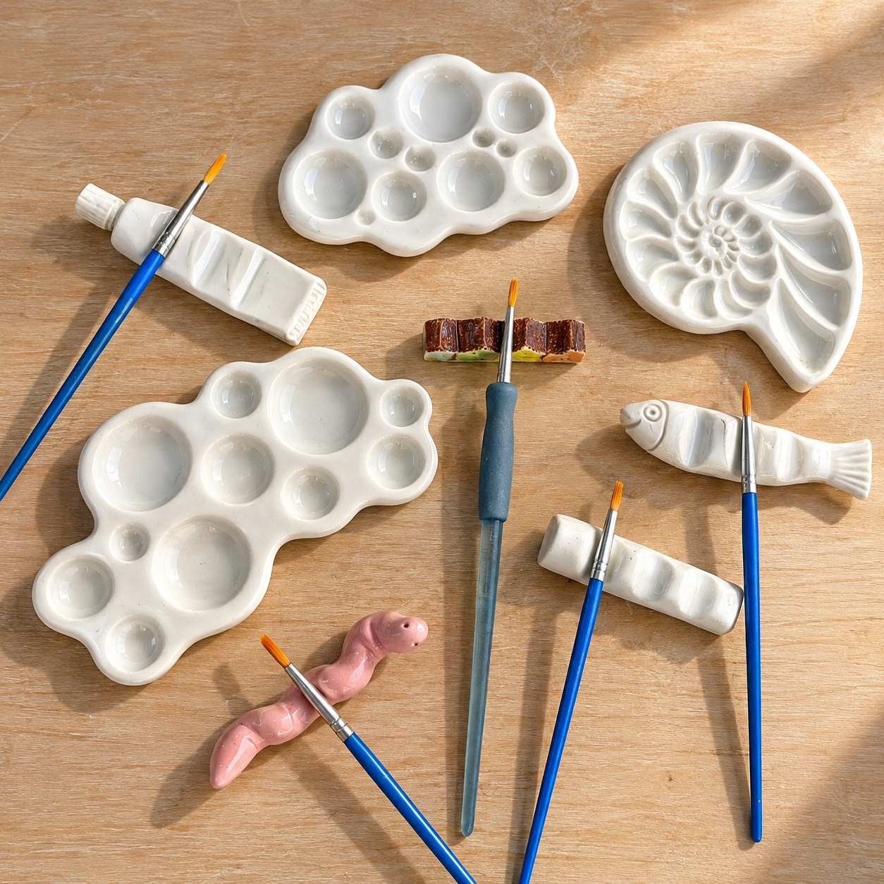 Atelier palette en céramique et porte pinceaux personnalisés